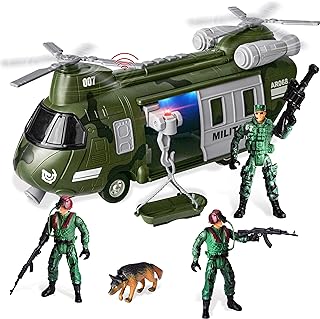 JOYIN Military Vehicles Toy Set of Friction Powered Transport Helicopter with Light and Sound Siren, and Soldier Army Men Action Figures for Kids,Green