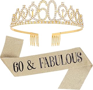 SUSSURRO "60 and Fabulous Sash and Rhinestone Tiara Set,60th Birthday Gifts Birthday Sash for Women Birthday Party Supplies( Gold)