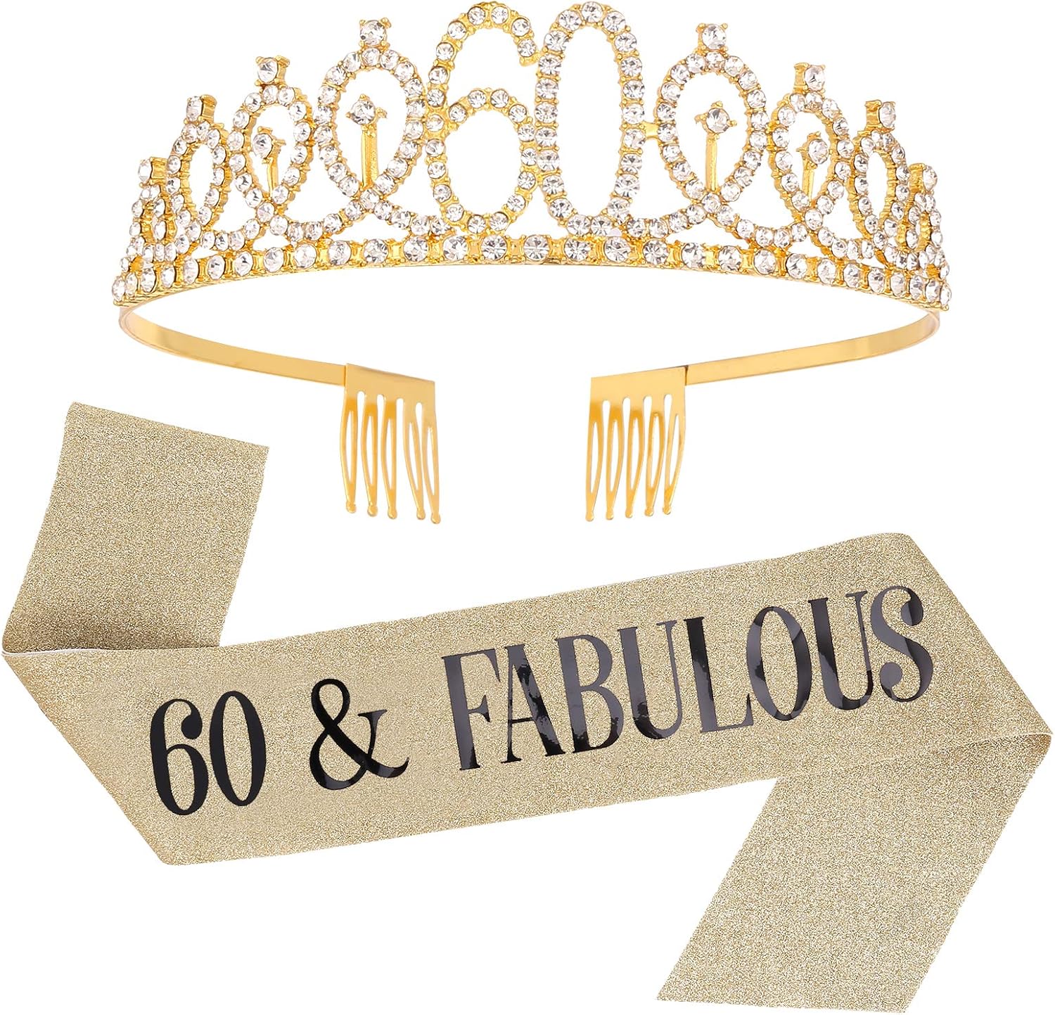 SUSSURRO "60 and Fabulous Sash and Rhinestone Tiara Set,60th Birthday Gifts Birthday Sash for Women Birthday Party Supplies( Gold)-0