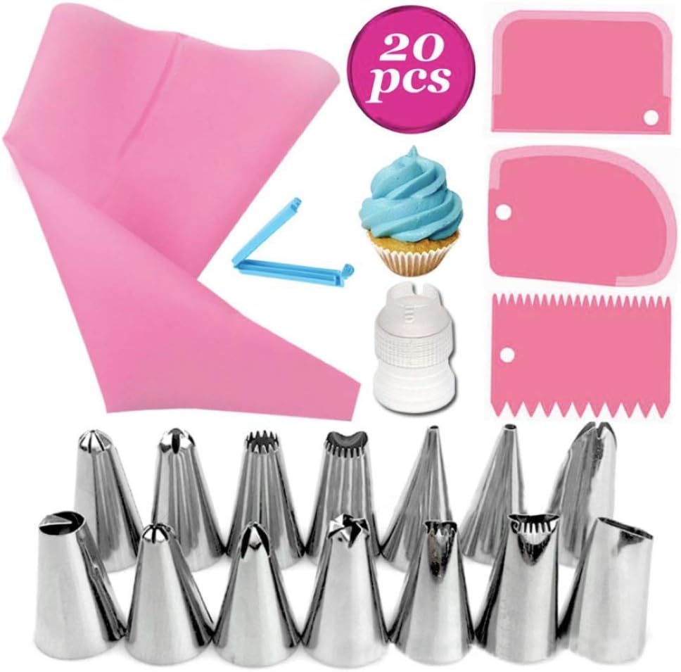 KOKSI 20-Piece Cake Decorating Kit with Silicone Pastry Bag, 14 Piping Tips, 1 Coupler, 3 Cake Scrapers-0