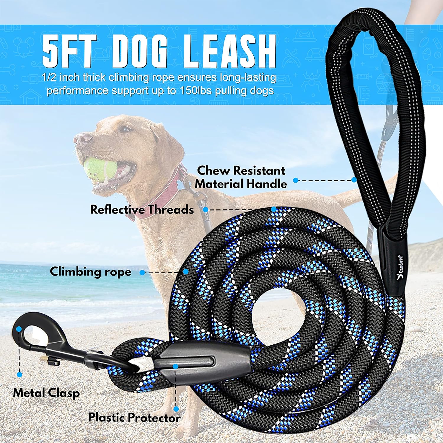 Candure Dog Lead with Soft Padded and Anti Slip Comfortable Rope Handle, 5 FT Strong Dog Leads, Highly Reflective Dog Leash for Puppy, Medium and Large Dogs-1