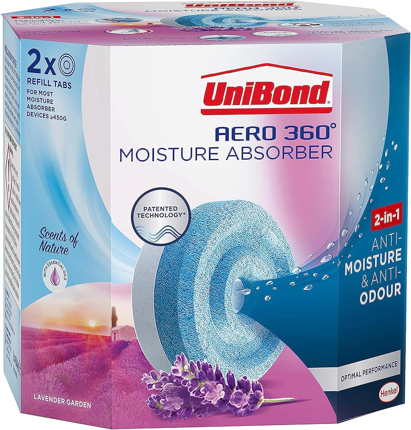 UniBond AERO 360° Moisture Absorber Lavender Garden Refill Tab, aromatherapy, ultra-absorbent and odour-neutralising, for AERO 360° Dehumidifier, Condensation Absorbers, Twin Pack (2 x 450g)-0