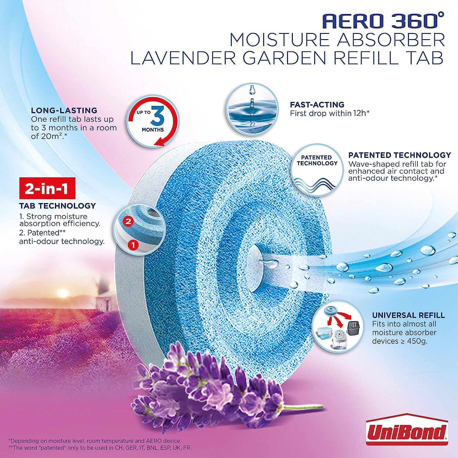 UniBond AERO 360° Moisture Absorber Lavender Garden Refill Tab, aromatherapy, ultra-absorbent and odour-neutralising, for AERO 360° Dehumidifier, Condensation Absorbers, Twin Pack (2 x 450g)-2