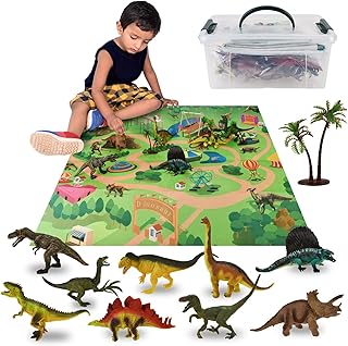 ASAB Realistic Dinosaur Toys Figures Playset with Play Mat & Trees Educational Set Dino World Kit T-Rex Triceratops Stegosaurus Best Gifts for Boys Age 3 to 9