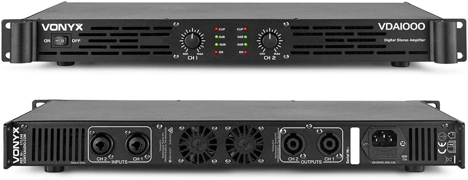 VONYX VDA1000 DJ PA Power Amplifier, 19" 1U Rack Space Mountable, Stereo Channel 2x 500W Class D 1000W Amp with XLR Jack Combi Inputs NL-4 Speaker Outputs-0