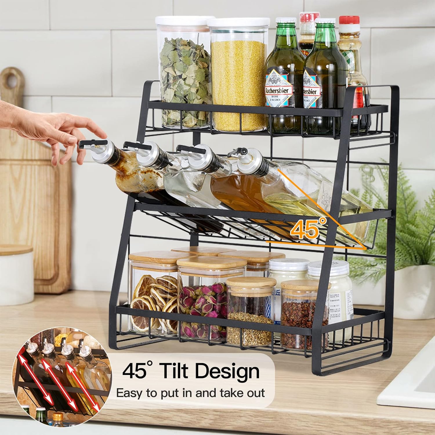 BTGGG 3 Tier Spice Rack Free Standing Kitchen Spice Organiser and Storage Modern Countertop Seasoning Organizer Space and Bottle Rack Holder-A-3