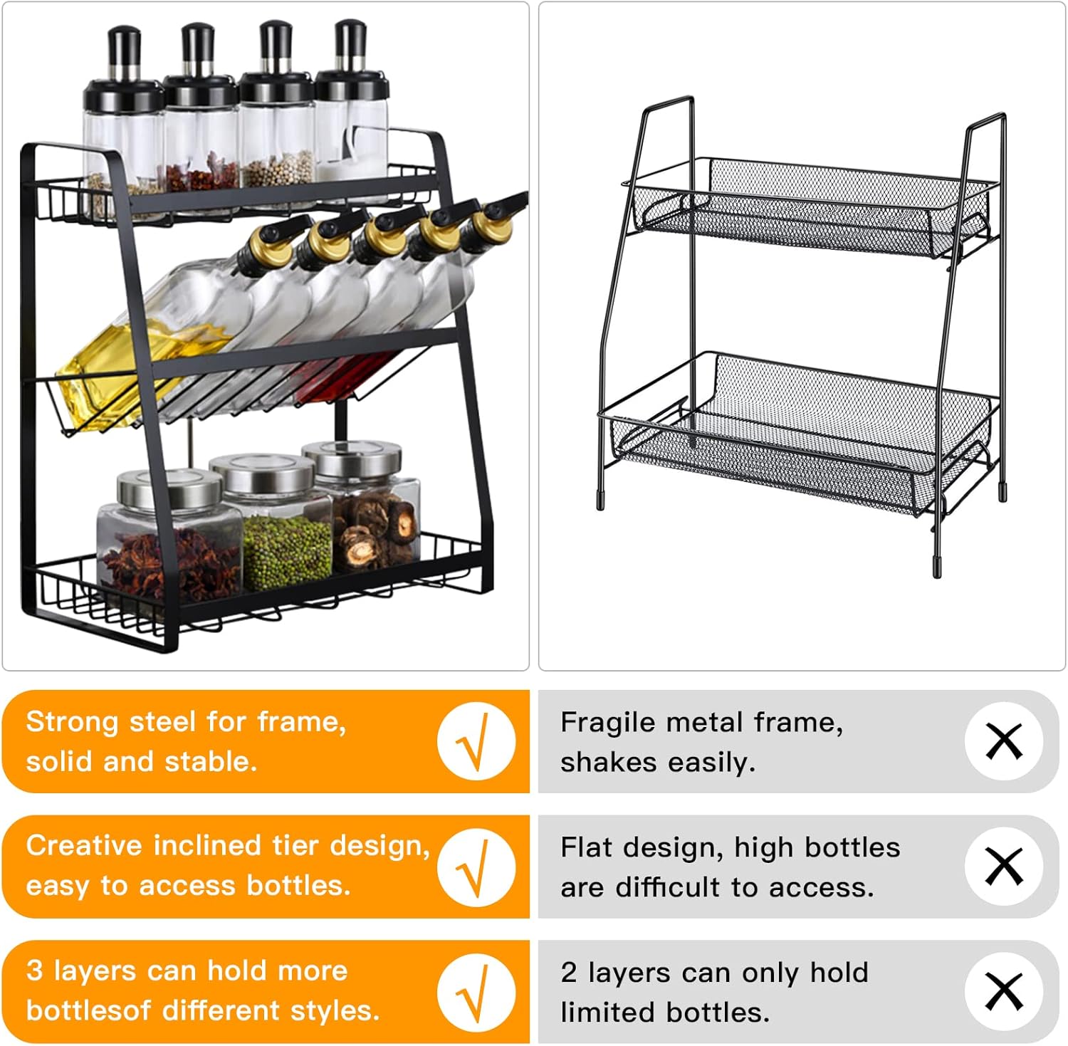 BTGGG 3 Tier Spice Rack Free Standing Kitchen Spice Organiser and Storage Modern Countertop Seasoning Organizer Space and Bottle Rack Holder-A-4