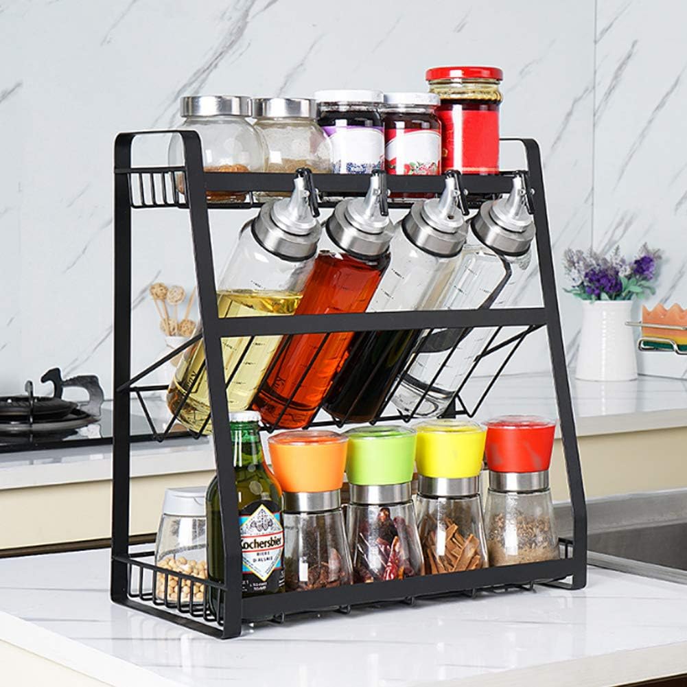 BTGGG 3 Tier Spice Rack Free Standing Kitchen Spice Organiser and Storage Modern Countertop Seasoning Organizer Space and Bottle Rack Holder-A-6