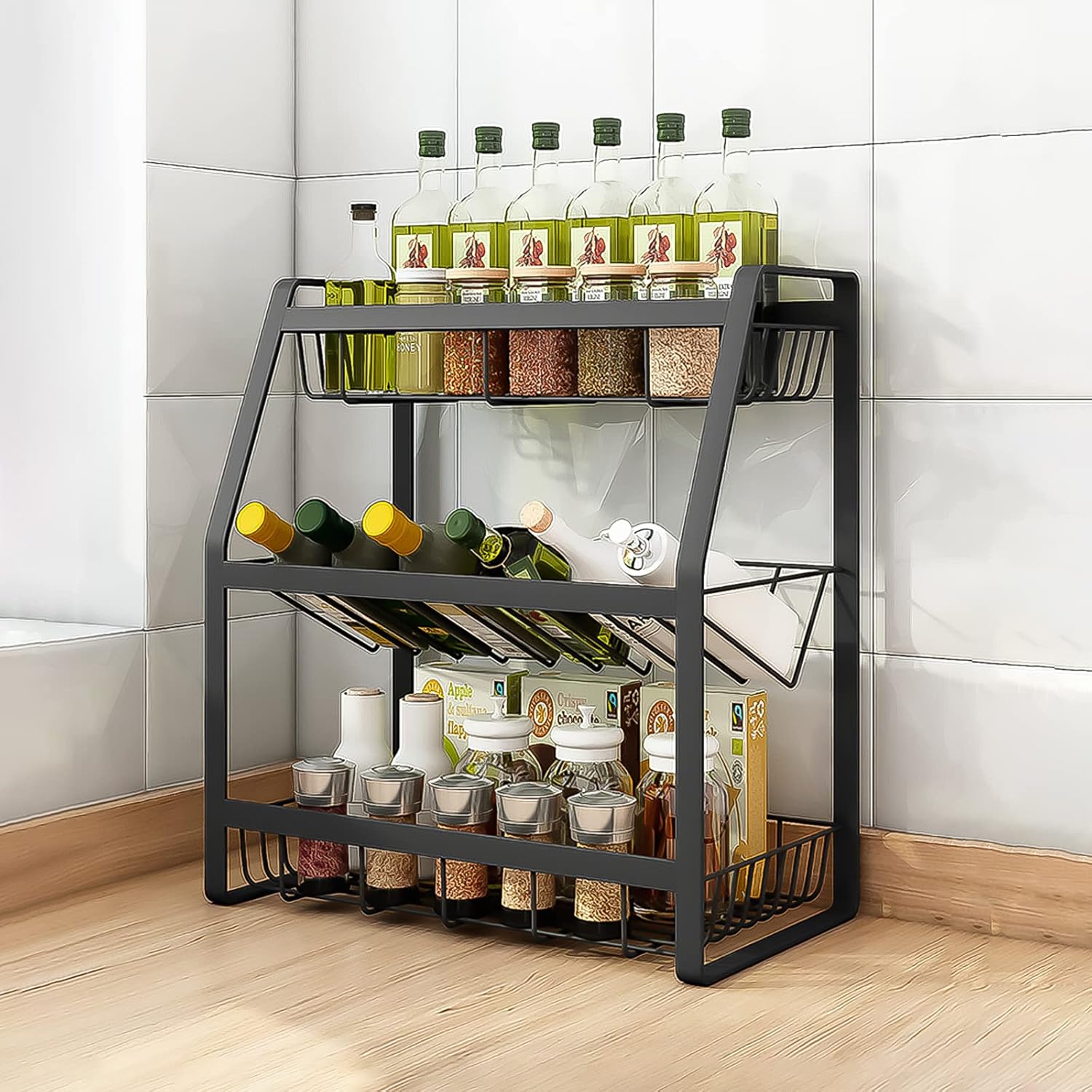 BTGGG 3 Tier Spice Rack Free Standing Kitchen Spice Organiser and Storage Modern Countertop Seasoning Organizer Space and Bottle Rack Holder-A-7