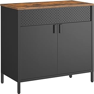 SONGMICS Storage Cabinet, Metal Cabinet with Double Doors, Magnetic Closure, Adjustable Shelf, Steel Frame, Rustic Brown and Black LSC102B01