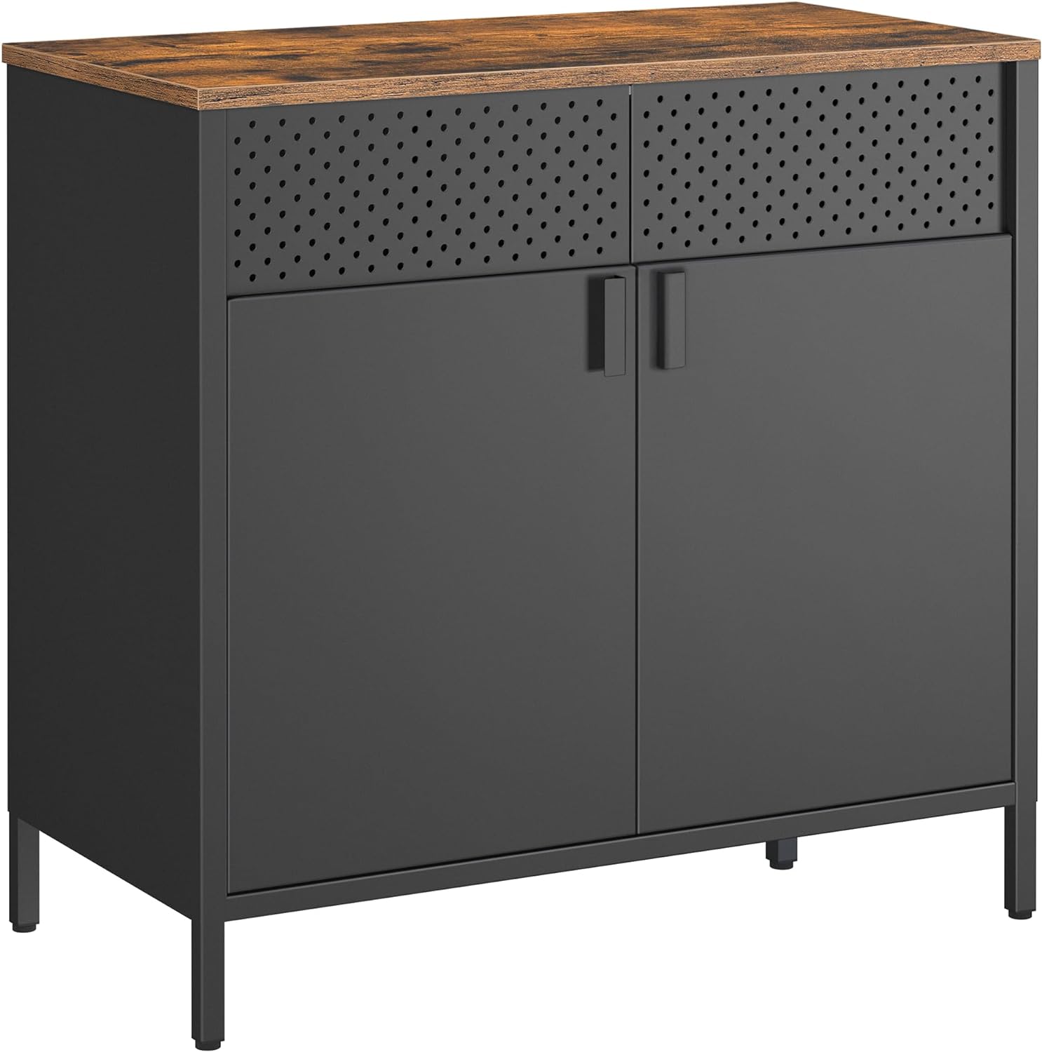 SONGMICS Storage Cabinet, Metal Cabinet with Double Doors, Magnetic Closure, Adjustable Shelf, Steel Frame, Rustic Brown and Black LSC102B01-0