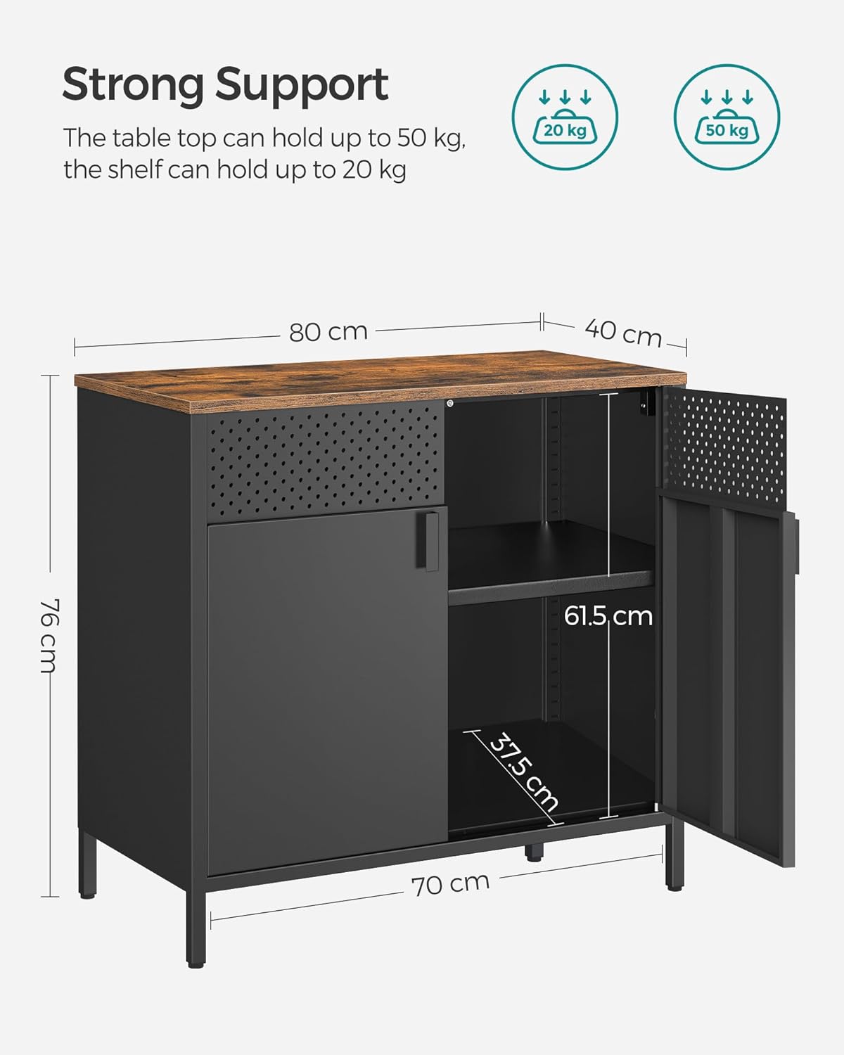 SONGMICS Storage Cabinet, Metal Cabinet with Double Doors, Magnetic Closure, Adjustable Shelf, Steel Frame, Rustic Brown and Black LSC102B01-2