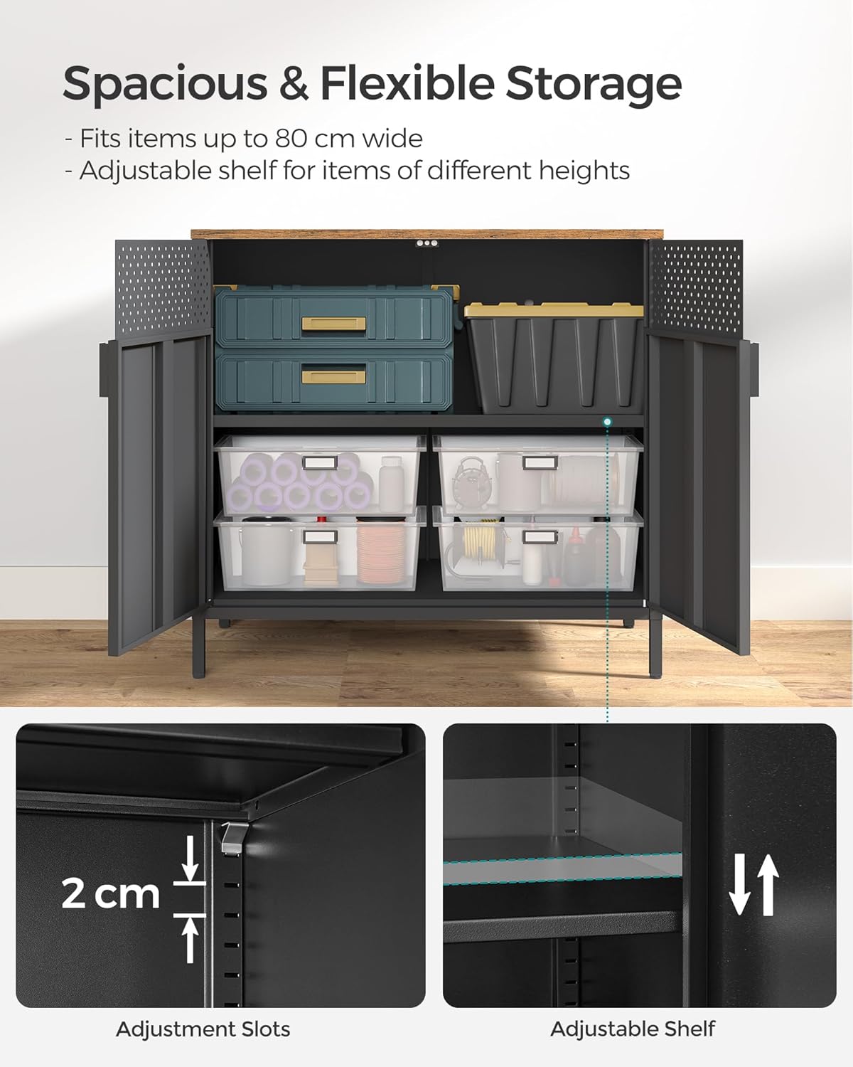 SONGMICS Storage Cabinet, Metal Cabinet with Double Doors, Magnetic Closure, Adjustable Shelf, Steel Frame, Rustic Brown and Black LSC102B01-4