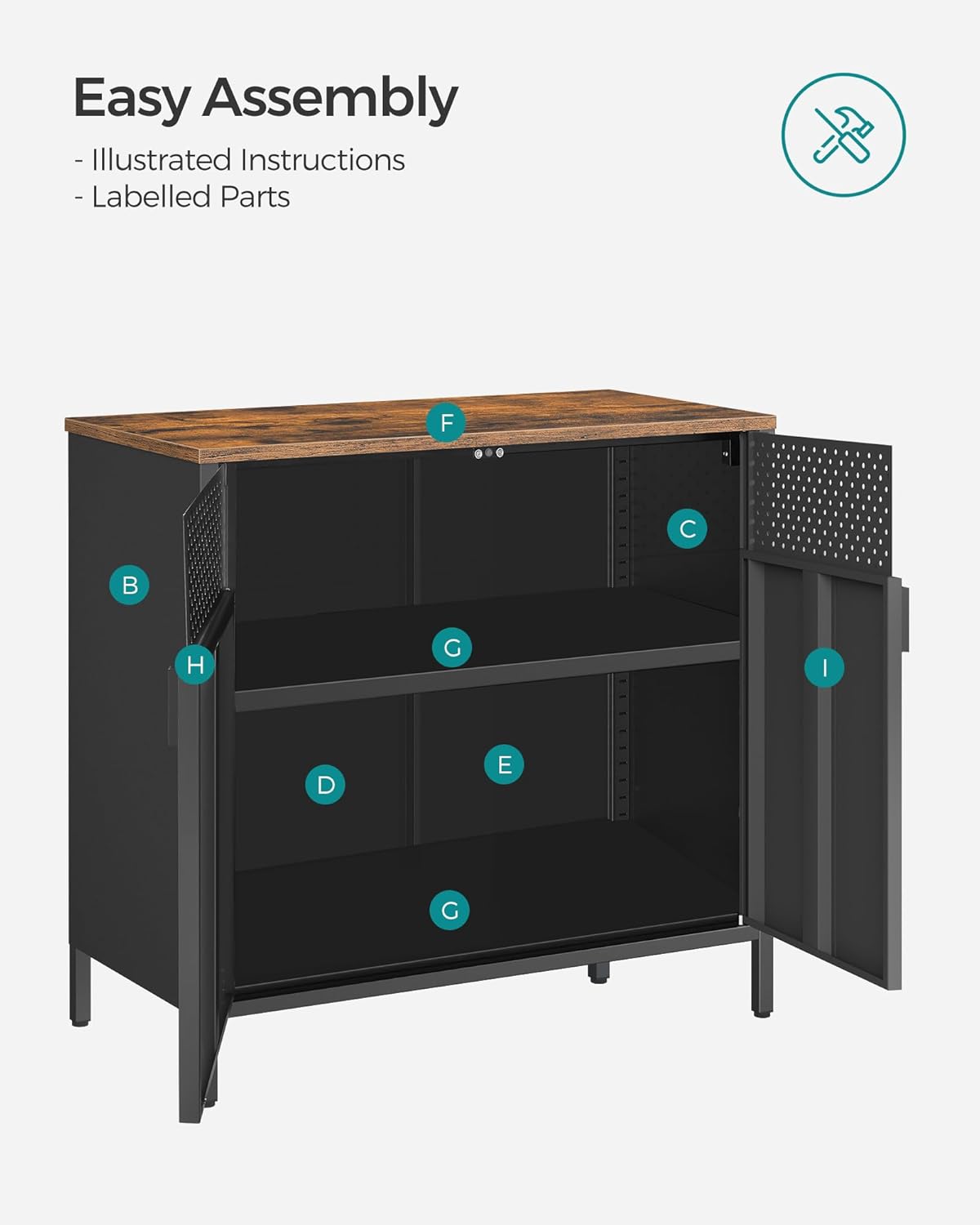 SONGMICS Storage Cabinet, Metal Cabinet with Double Doors, Magnetic Closure, Adjustable Shelf, Steel Frame, Rustic Brown and Black LSC102B01-7