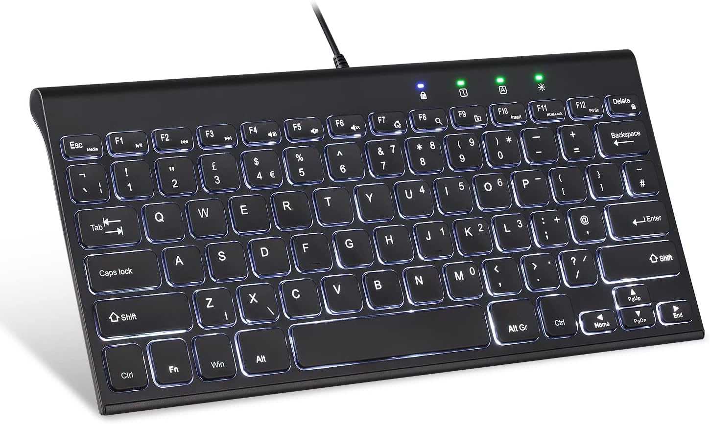 Perixx PERIBOARD-429 UK Wired Mini Backlit Keyboard, Thin and Silent Scissor Keys, White Backlight, UK QWERTY-0