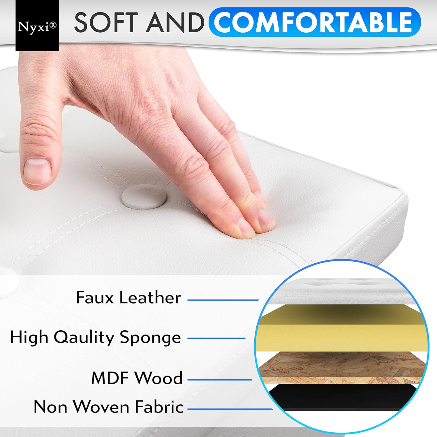 Nyxi Faux Leather 76 * 38 * 38cm White Ottoman Foldable Storage Boxes Seat Foot Stool Storage Box with Lids for Kids Toys, Bedroom, Hallway, Living Room-3