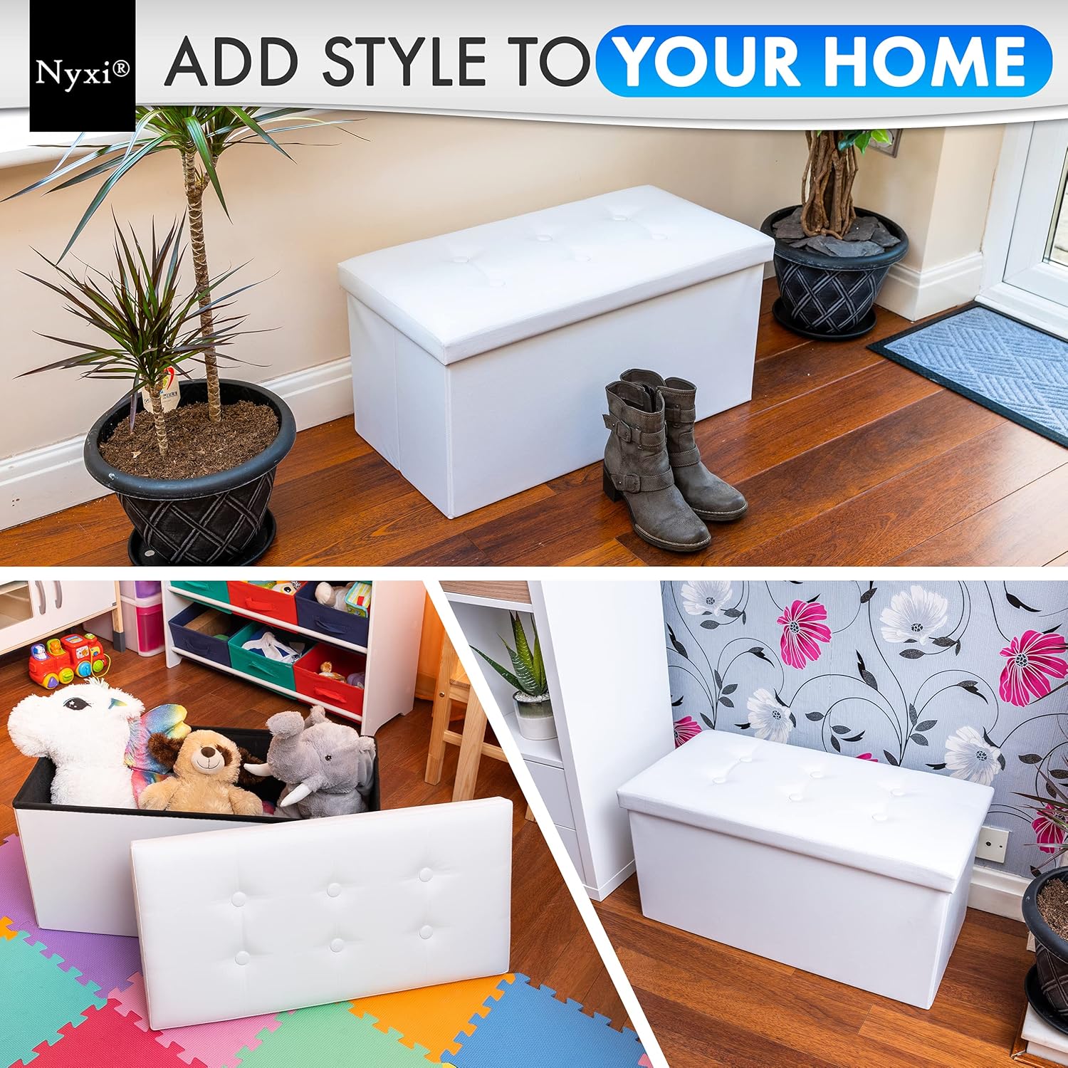 Nyxi Faux Leather 76 * 38 * 38cm White Ottoman Foldable Storage Boxes Seat Foot Stool Storage Box with Lids for Kids Toys, Bedroom, Hallway, Living Room-6