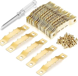 YHYZ Sawtooth Picture Frame Hangers Set with Screws, Sawtooth Photo Frames Holder + Screw + Screwdriver, for Painting Photos Artwork Clock Home Decoration (Gold (50 Sets))