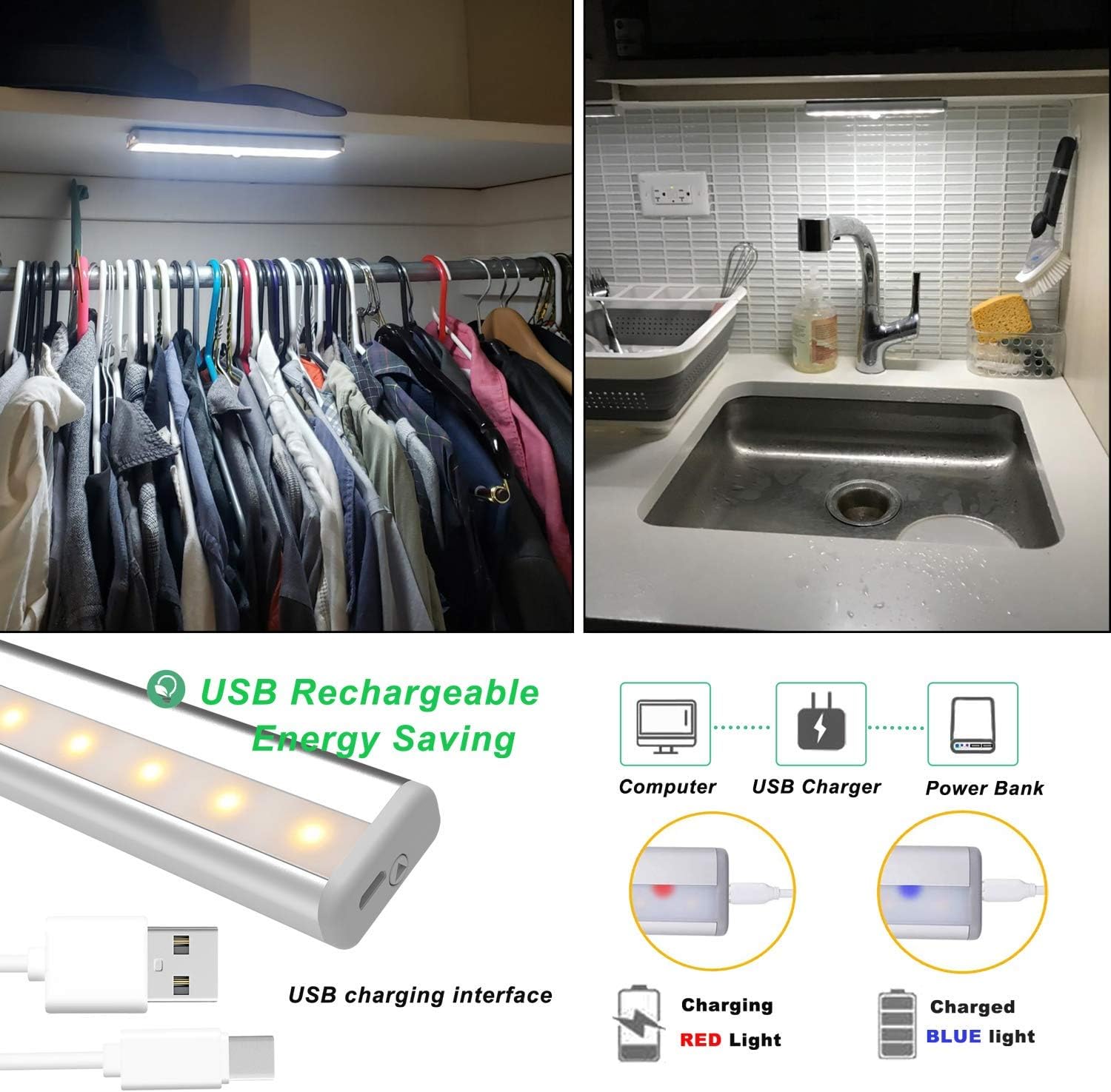 Motion Sensor Lights Indoor, Under Cabinet Kitchen Lights with Magnetic Strip 6000K USB Rechargeable Closet Lights, Motion & Light Sensor Stick on Anywhere Led Night Light for Wardrobe, Kitchen 6 Pack-6