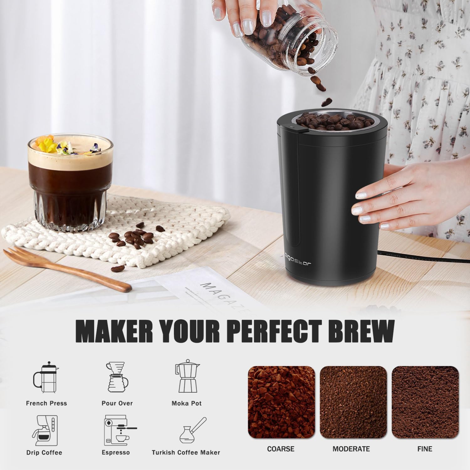 Aigostar Coffee Grinder Electric with Removable Lid, Grinder for Coffee Bean, Pepper, Grain, Spice, Nuts Safe 304 Stainless Steel Blades, Powerful Grinder Motor 200W - Natural 30RRK.-1