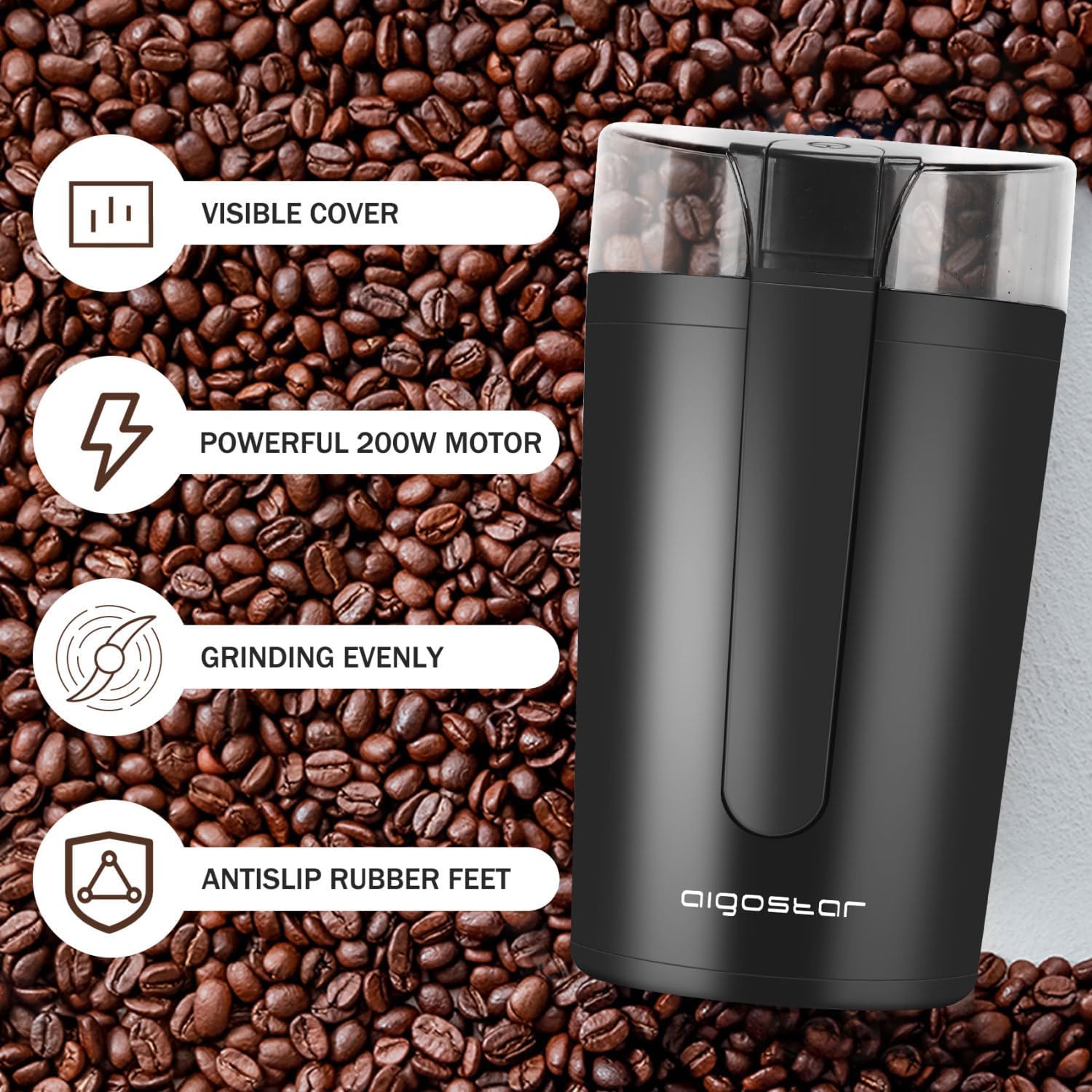 Aigostar Coffee Grinder Electric with Removable Lid, Grinder for Coffee Bean, Pepper, Grain, Spice, Nuts Safe 304 Stainless Steel Blades, Powerful Grinder Motor 200W - Natural 30RRK.-5