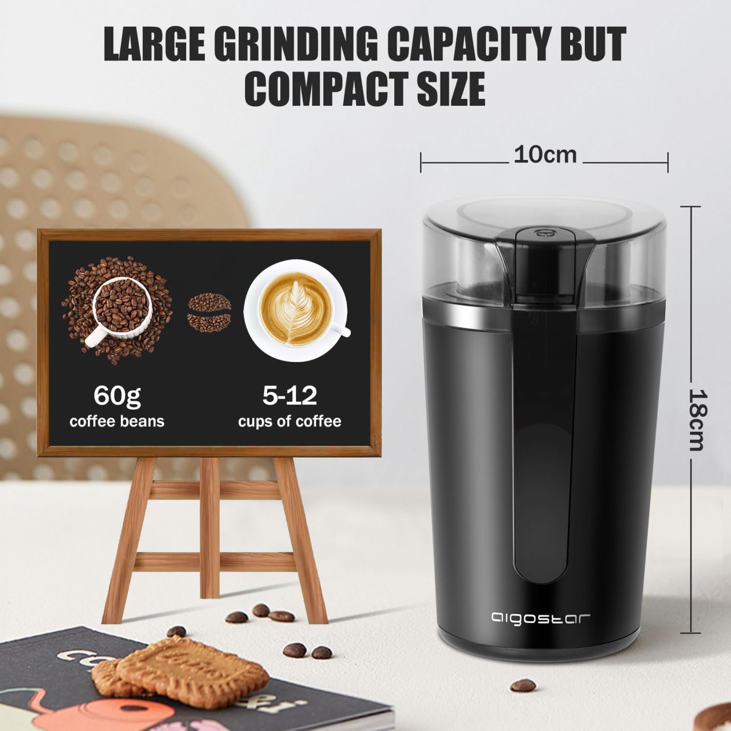 Aigostar Coffee Grinder Electric with Removable Lid, Grinder for Coffee Bean, Pepper, Grain, Spice, Nuts Safe 304 Stainless Steel Blades, Powerful Grinder Motor 200W - Natural 30RRK.-6