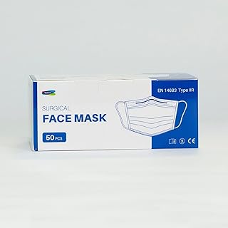 Type IIR fluid resistant surgical Face Masks, Disposable Face Masks For Everyday Use, Essential Face Mask For Bacterial protection, Pack of 50, Colour - Blue, One Size