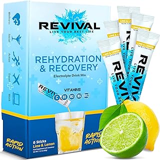 Revival Rapid Rehydration Electrolytes Powder - High Strength Vitamin C, B1, B3, B5, B12 Supplement Sachet Drink, Effervescent Electrolyte Hydration Tablets - 6 Pack Lemon Lime