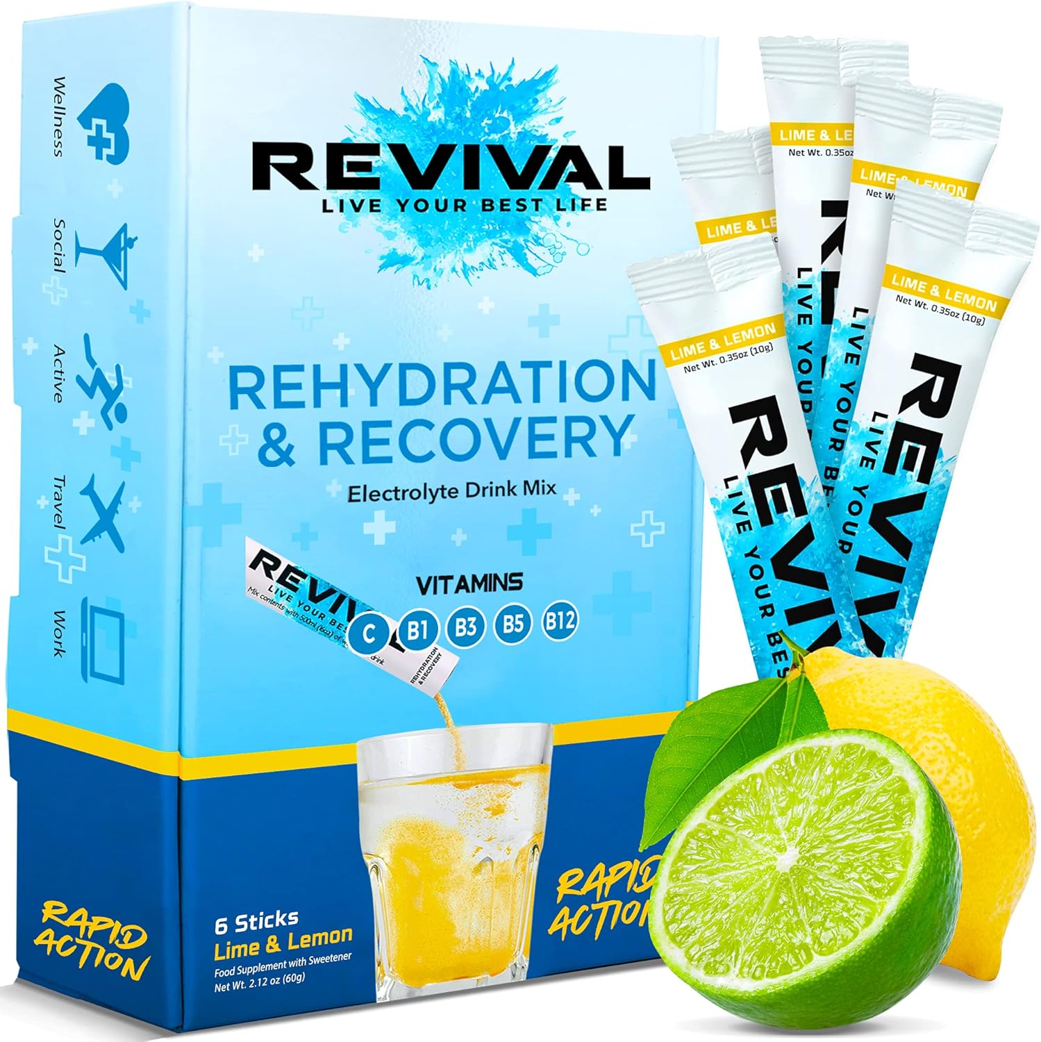 Revival Rapid Rehydration Electrolytes Powder - High Strength Vitamin C, B1, B3, B5, B12 Supplement Sachet Drink, Effervescent Electrolyte Hydration Tablets - 6 Pack Lemon Lime-0