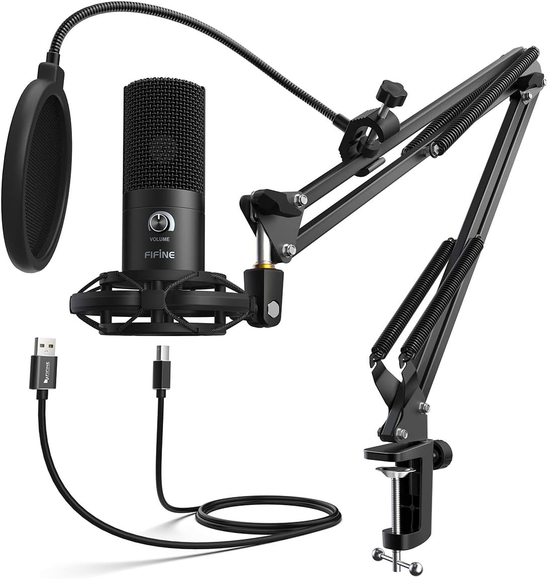 FIFINE USB Microphone Kit Condenser Studio Microphone for Computer, PC Mic with Adjustable Scissor Boom Arm Stand Shock Mount Volume Control for Gaming,Streaming,Podcast,Recording Vocal,YouTube-T669-0