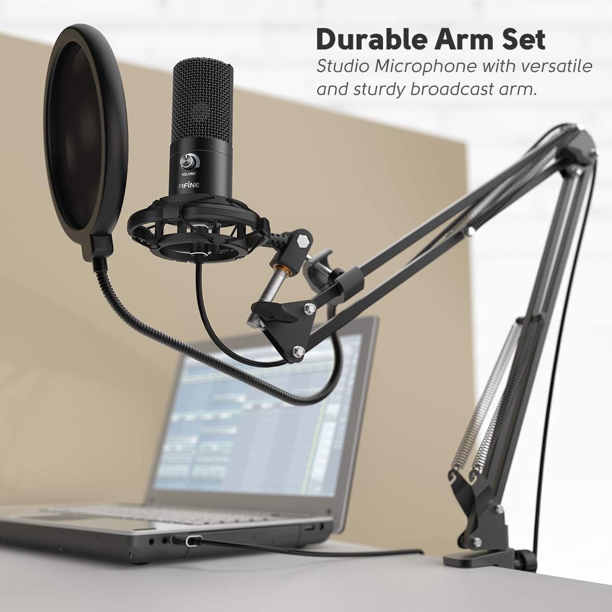 FIFINE USB Microphone Kit Condenser Studio Microphone for Computer, PC Mic with Adjustable Scissor Boom Arm Stand Shock Mount Volume Control for Gaming,Streaming,Podcast,Recording Vocal,YouTube-T669-5