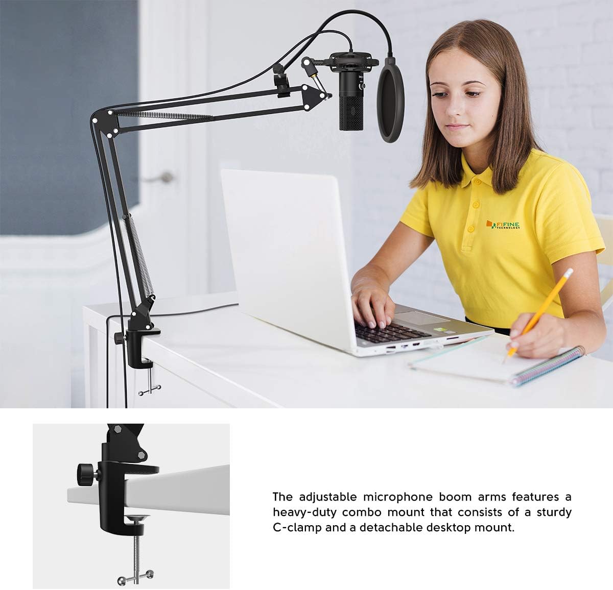 FIFINE USB Microphone Kit Condenser Studio Microphone for Computer, PC Mic with Adjustable Scissor Boom Arm Stand Shock Mount Volume Control for Gaming,Streaming,Podcast,Recording Vocal,YouTube-T669-6