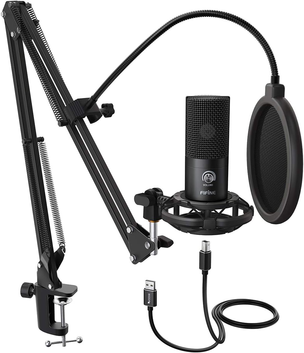 FIFINE USB Microphone Kit Condenser Studio Microphone for Computer, PC Mic with Adjustable Scissor Boom Arm Stand Shock Mount Volume Control for Gaming,Streaming,Podcast,Recording Vocal,YouTube-T669-8