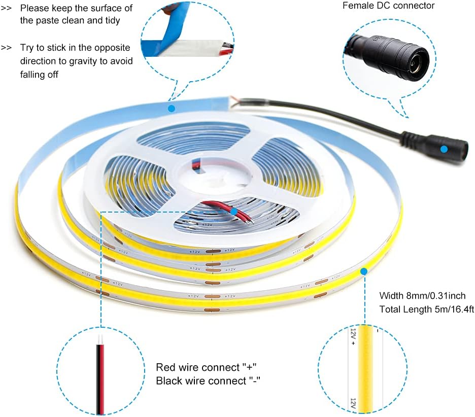 16.4FT/5M FOB Flexible High Density LED Strip Light, 12V 48W COB LED Strip Lights, Daylight White 300LEDs/M Deformable FOB COB LED Light Ribbon for Indoor Decoration-3