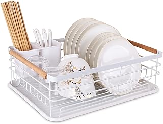 BTGGG Dish Drainer Rack with Removable Drip Tray, Metal Kitchen Drying Rack Organiser with Wooden Handles, White, 43 x 30.5 x 14 cm