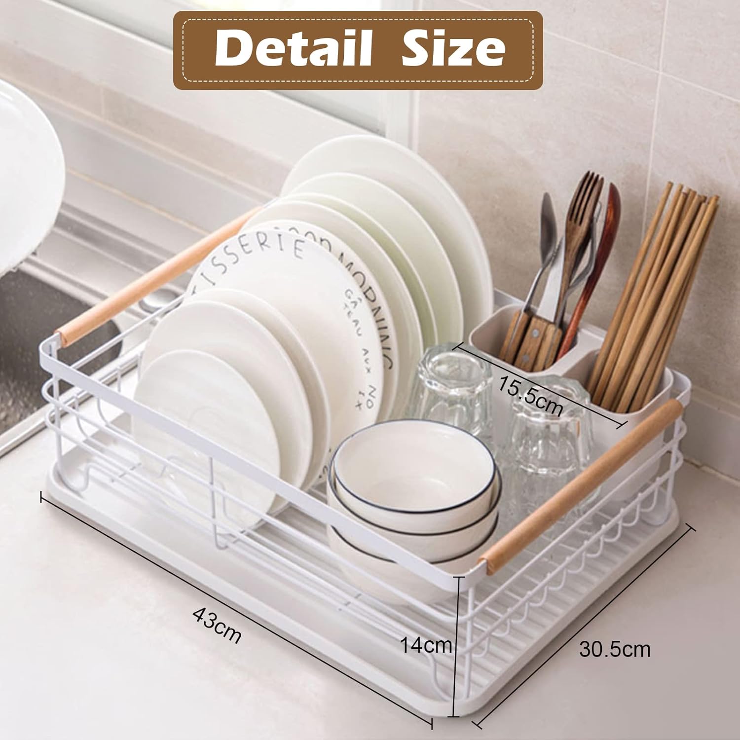 BTGGG Dish Drainer Rack with Removable Drip Tray, Metal Kitchen Drying Rack Organiser with Wooden Handles, White, 43 x 30.5 x 14 cm-2