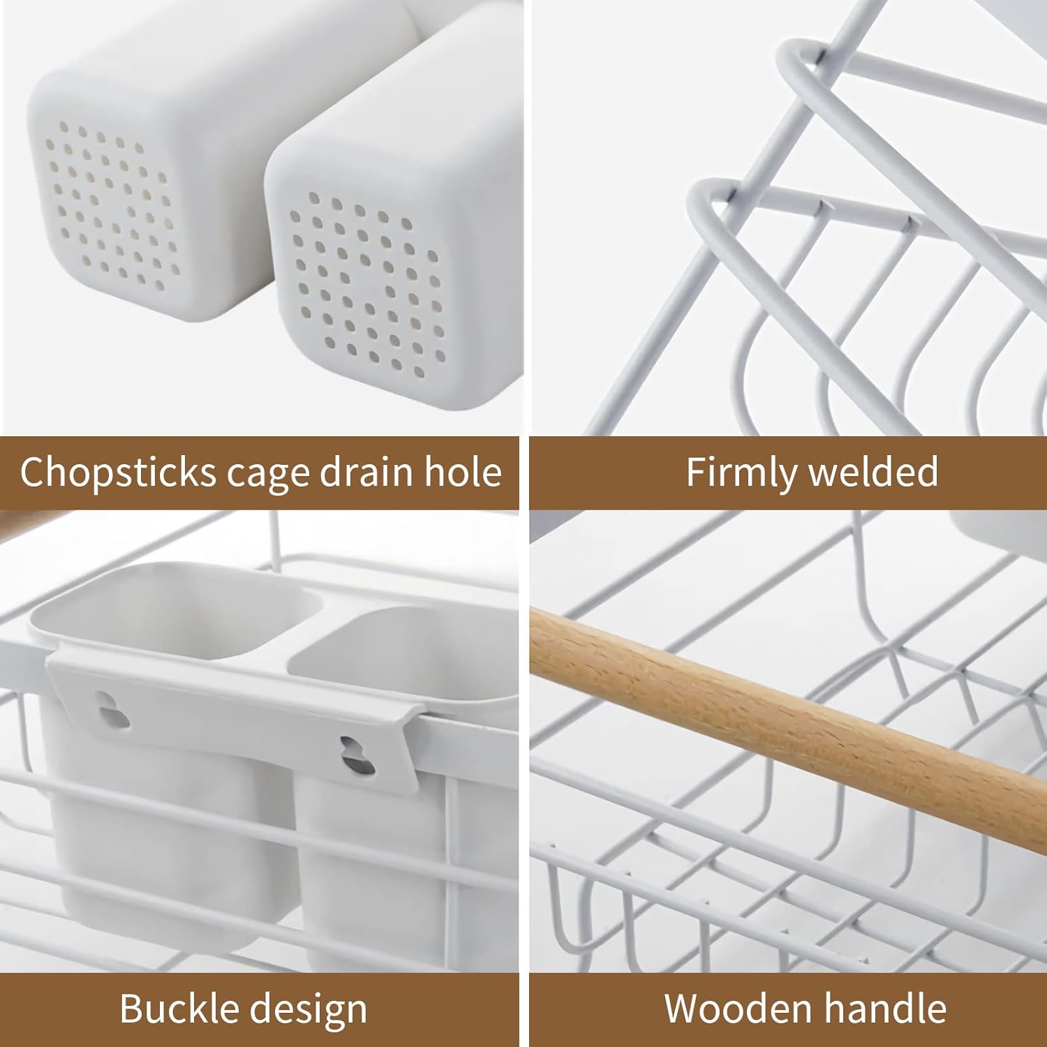 BTGGG Dish Drainer Rack with Removable Drip Tray, Metal Kitchen Drying Rack Organiser with Wooden Handles, White, 43 x 30.5 x 14 cm-6