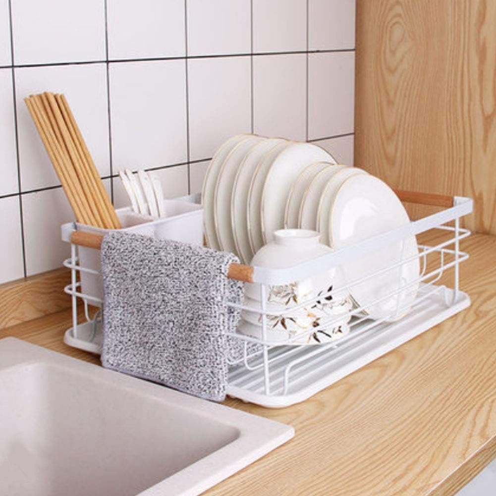 BTGGG Dish Drainer Rack with Removable Drip Tray, Metal Kitchen Drying Rack Organiser with Wooden Handles, White, 43 x 30.5 x 14 cm-7