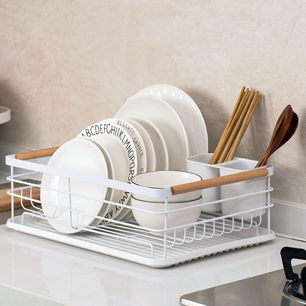 BTGGG Dish Drainer Rack with Removable Drip Tray, Metal Kitchen Drying Rack Organiser with Wooden Handles, White, 43 x 30.5 x 14 cm-8