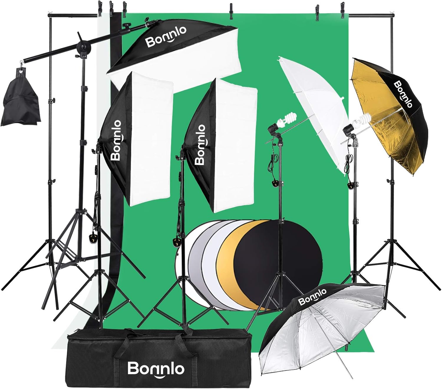 Bonnlo Photography Video Lighting Kit, 2M x 3M Background Stand Backdrop Support System, Softbox Continuous Lighting Kit for Photo Studio Product, Portrait and Video Shooting-0