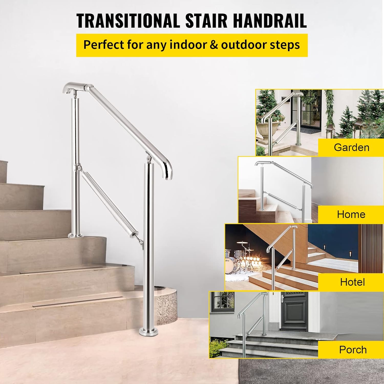 Happybuy 5 Step Railing Stainless Steel Transitional Handrail fit for Level Surface and 1 to 5 Steps Adjustable Stair Railing Indoor Outdoor Step Railings 220lb Capacity W/Installation Kit Porch DIY-1