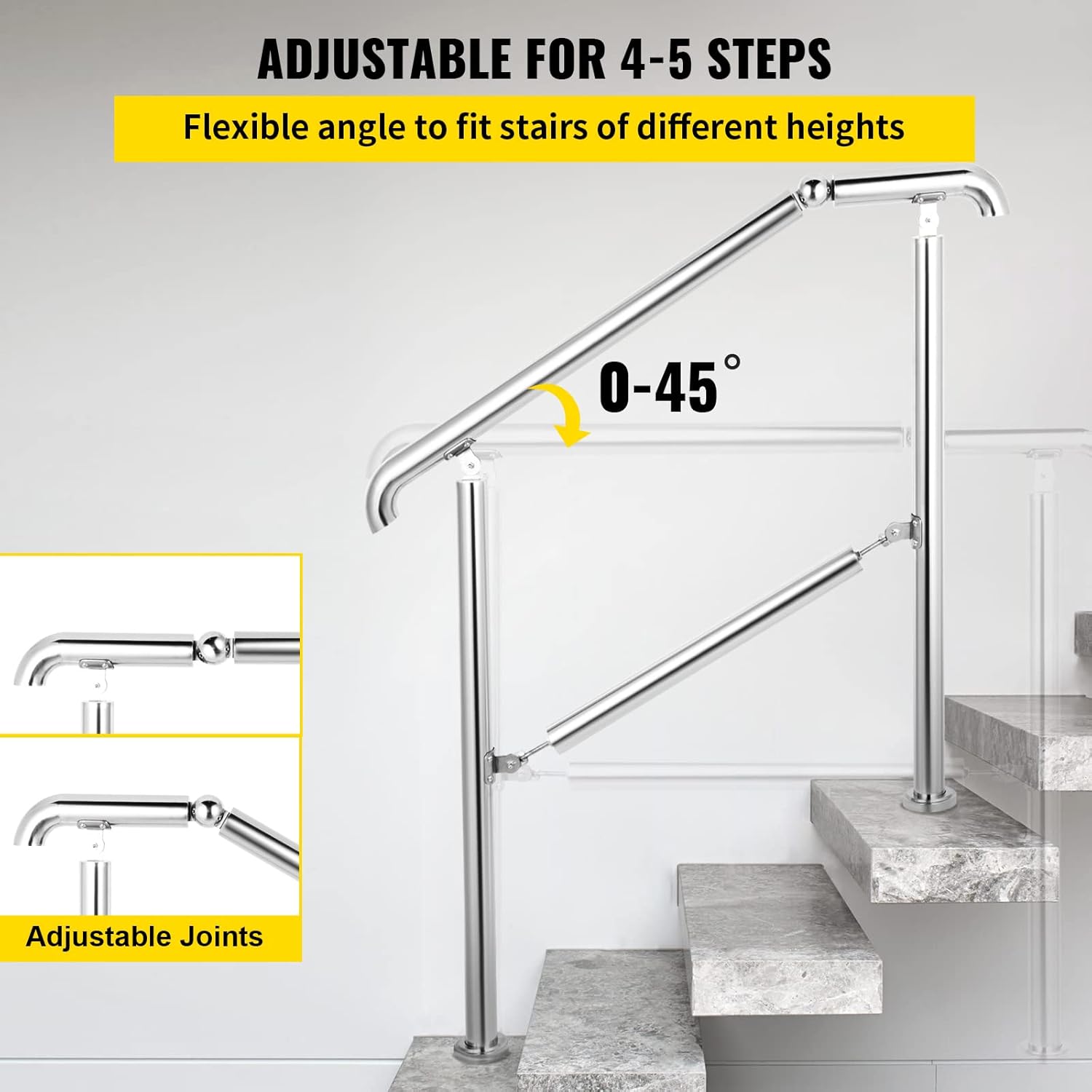 Happybuy 5 Step Railing Stainless Steel Transitional Handrail fit for Level Surface and 1 to 5 Steps Adjustable Stair Railing Indoor Outdoor Step Railings 220lb Capacity W/Installation Kit Porch DIY-2