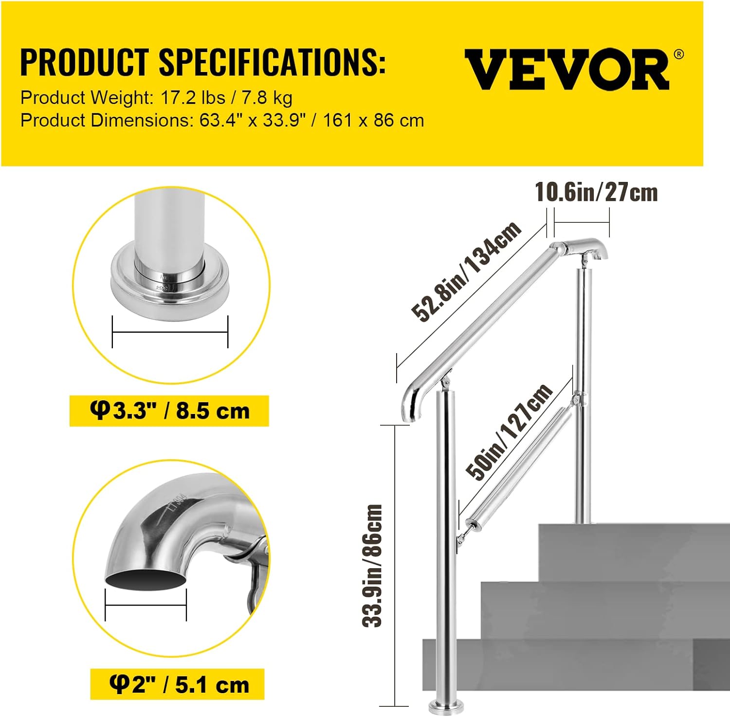 Happybuy 5 Step Railing Stainless Steel Transitional Handrail fit for Level Surface and 1 to 5 Steps Adjustable Stair Railing Indoor Outdoor Step Railings 220lb Capacity W/Installation Kit Porch DIY-6