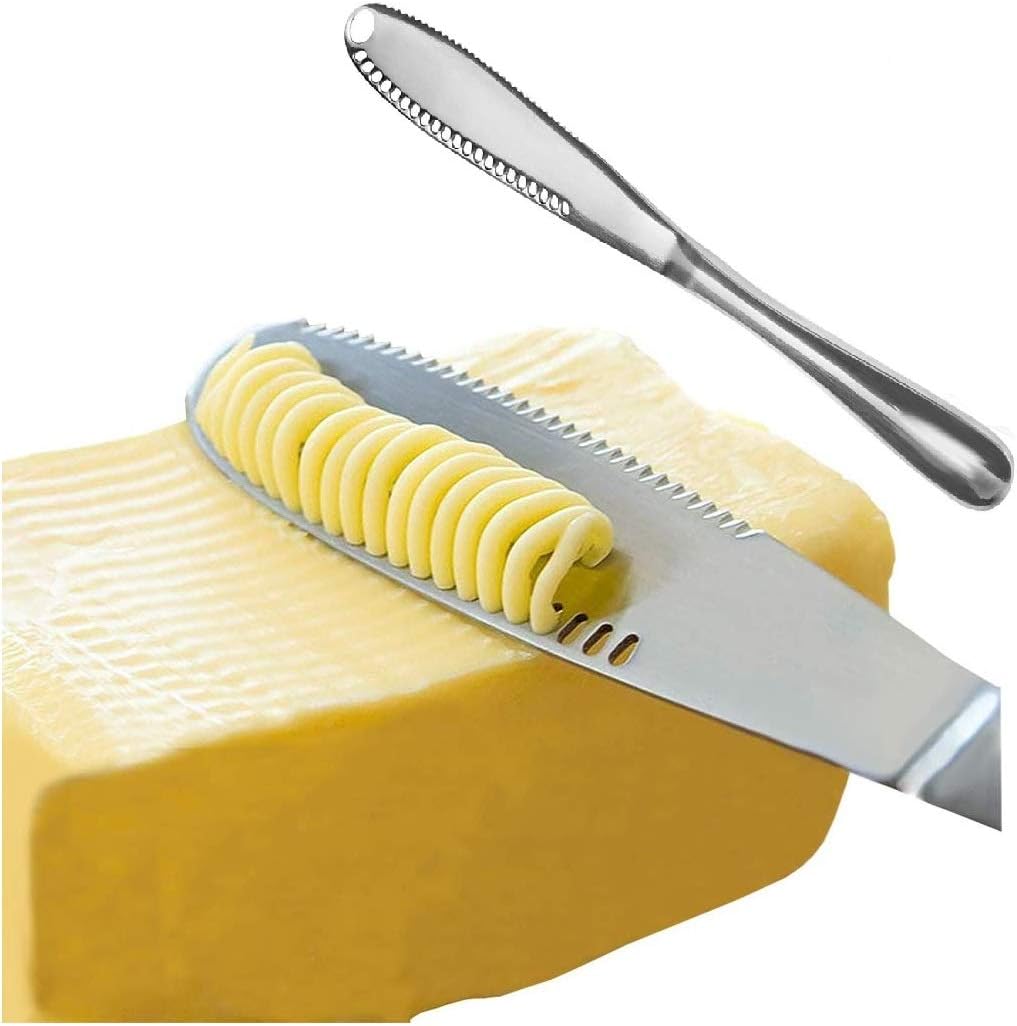 Koksi Butter Knife, 3 in 1 Stainless Steel Spreader Serrated Edge Shredding Slots Easy to Hold for Bread Butter Cheese Jam Slicer-0