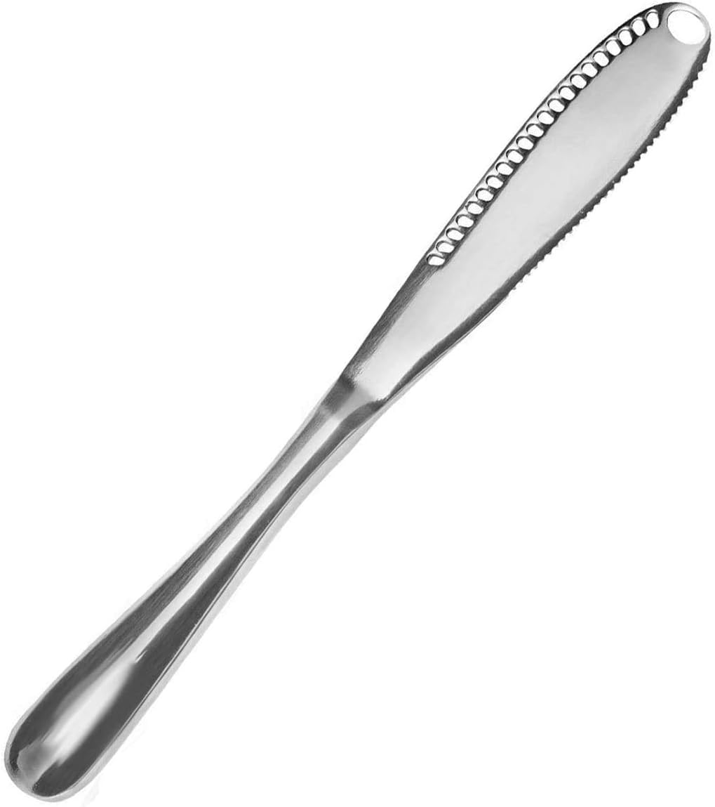 Koksi Butter Knife, 3 in 1 Stainless Steel Spreader Serrated Edge Shredding Slots Easy to Hold for Bread Butter Cheese Jam Slicer-2