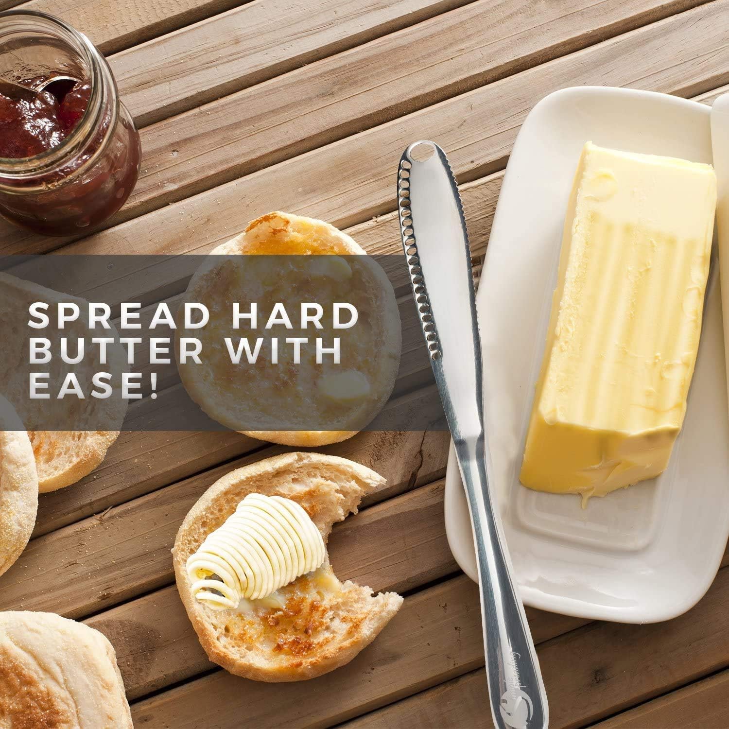 Koksi Butter Knife, 3 in 1 Stainless Steel Spreader Serrated Edge Shredding Slots Easy to Hold for Bread Butter Cheese Jam Slicer-4