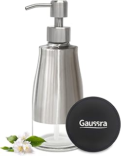 Gaussra Soap Dispenser with Non-Slip Coaster，Brushed Nickel Stainless Steel Case Glass Liner Hand Pump Dispense for Refillable Liquid for Bathroom & Kitchen (11OZ / 320ML)