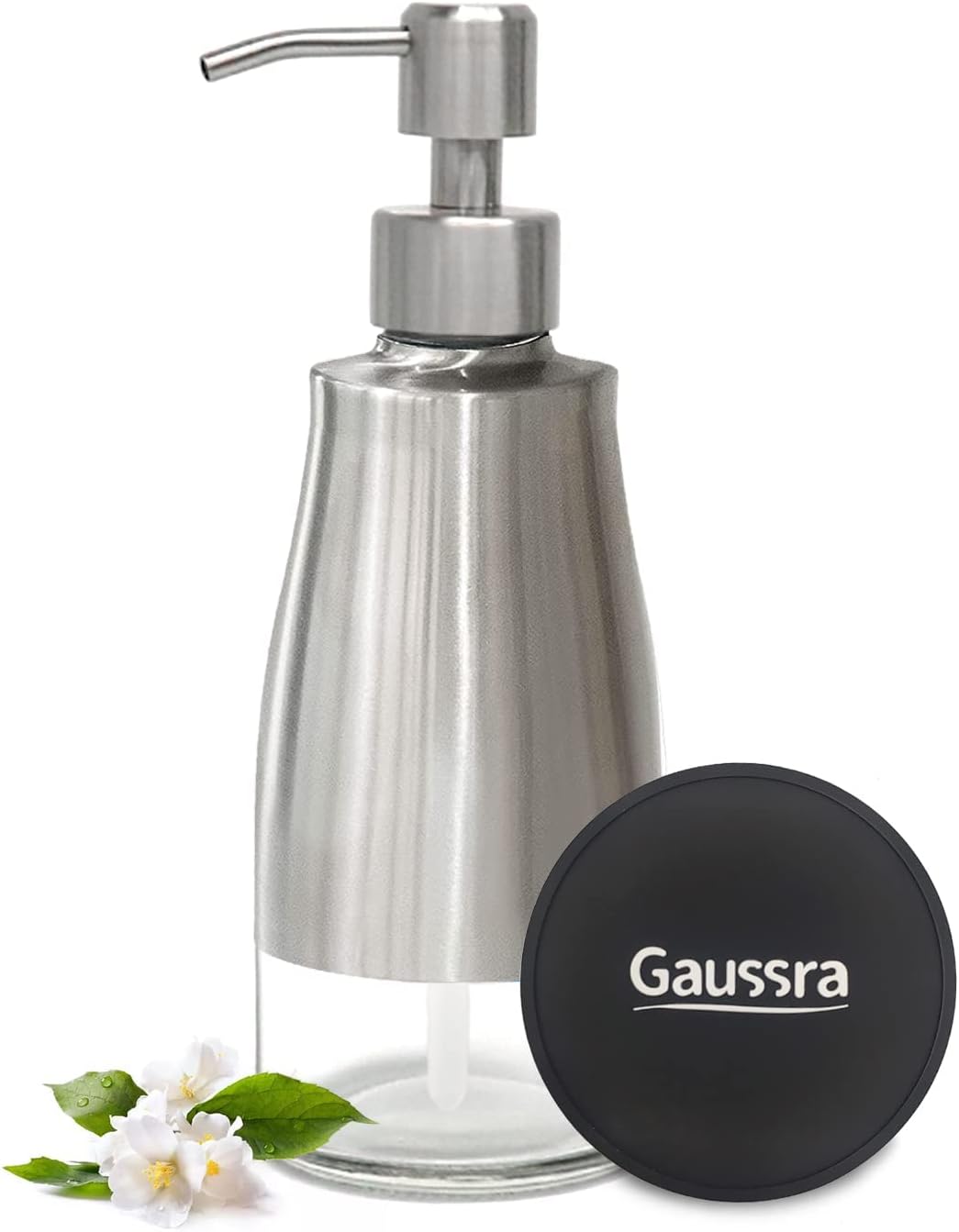 Gaussra Soap Dispenser with Non-Slip Coaster，Brushed Nickel Stainless Steel Case Glass Liner Hand Pump Dispense for Refillable Liquid for Bathroom & Kitchen (11OZ / 320ML)-0