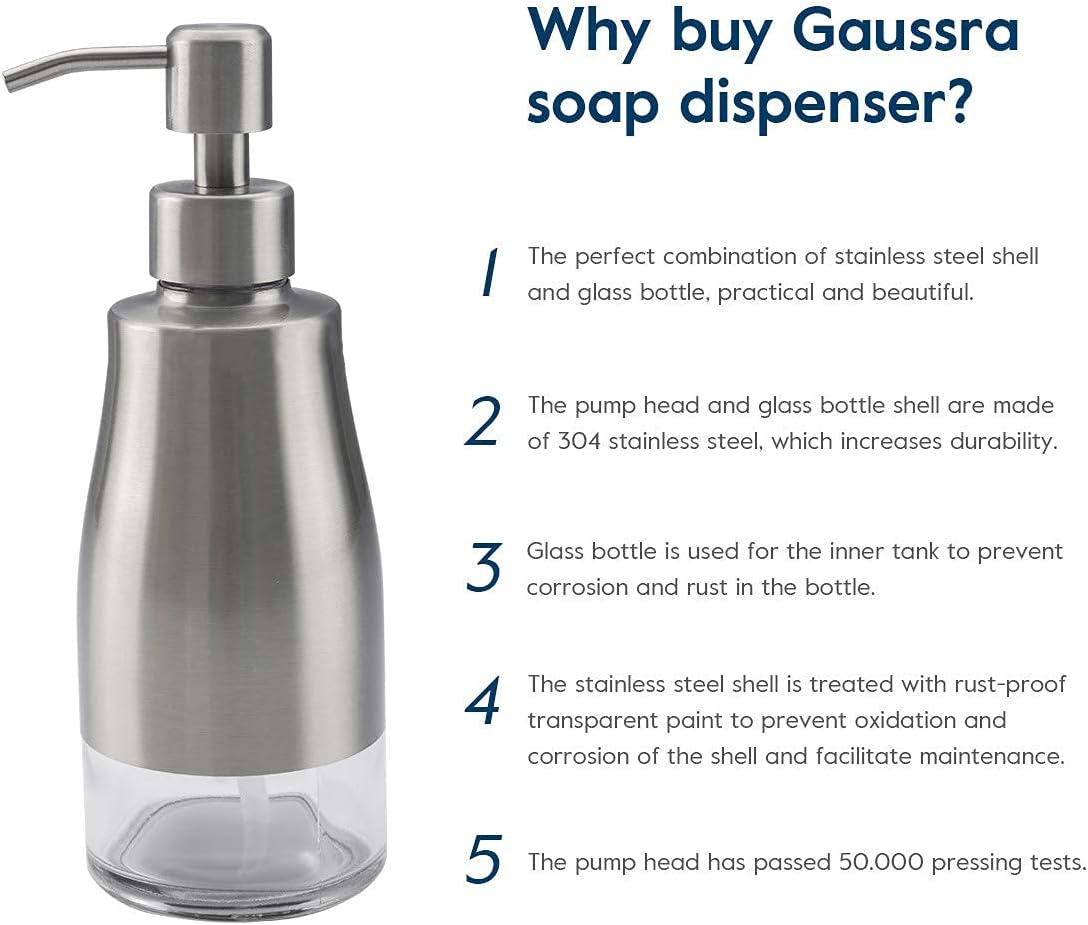 Gaussra Soap Dispenser with Non-Slip Coaster，Brushed Nickel Stainless Steel Case Glass Liner Hand Pump Dispense for Refillable Liquid for Bathroom & Kitchen (11OZ / 320ML)-4