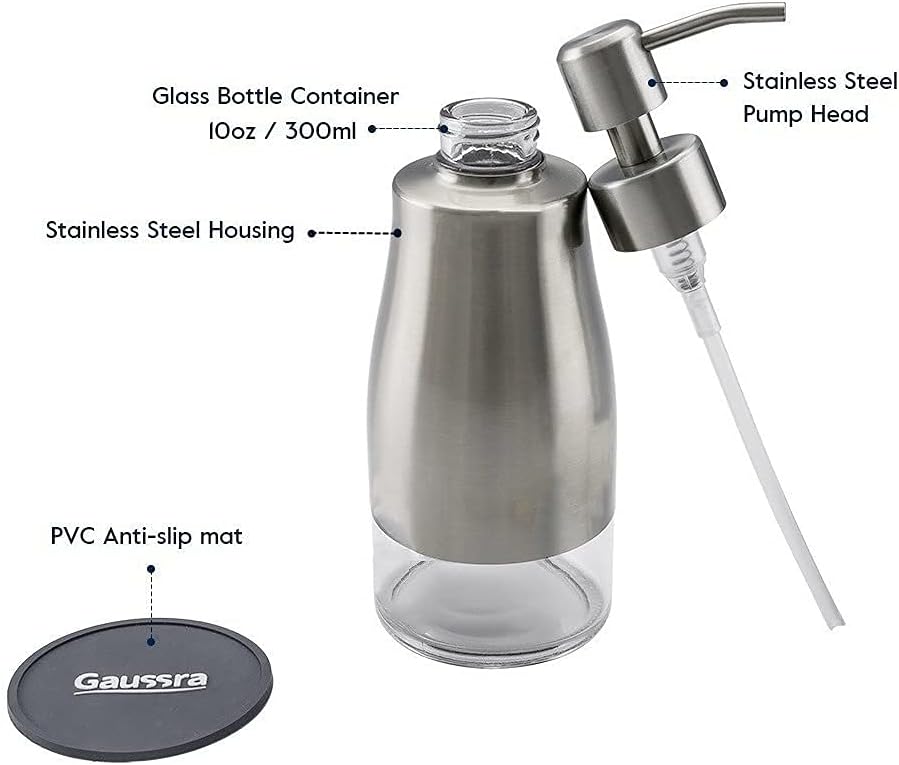 Gaussra Soap Dispenser with Non-Slip Coaster，Brushed Nickel Stainless Steel Case Glass Liner Hand Pump Dispense for Refillable Liquid for Bathroom & Kitchen (11OZ / 320ML)-5